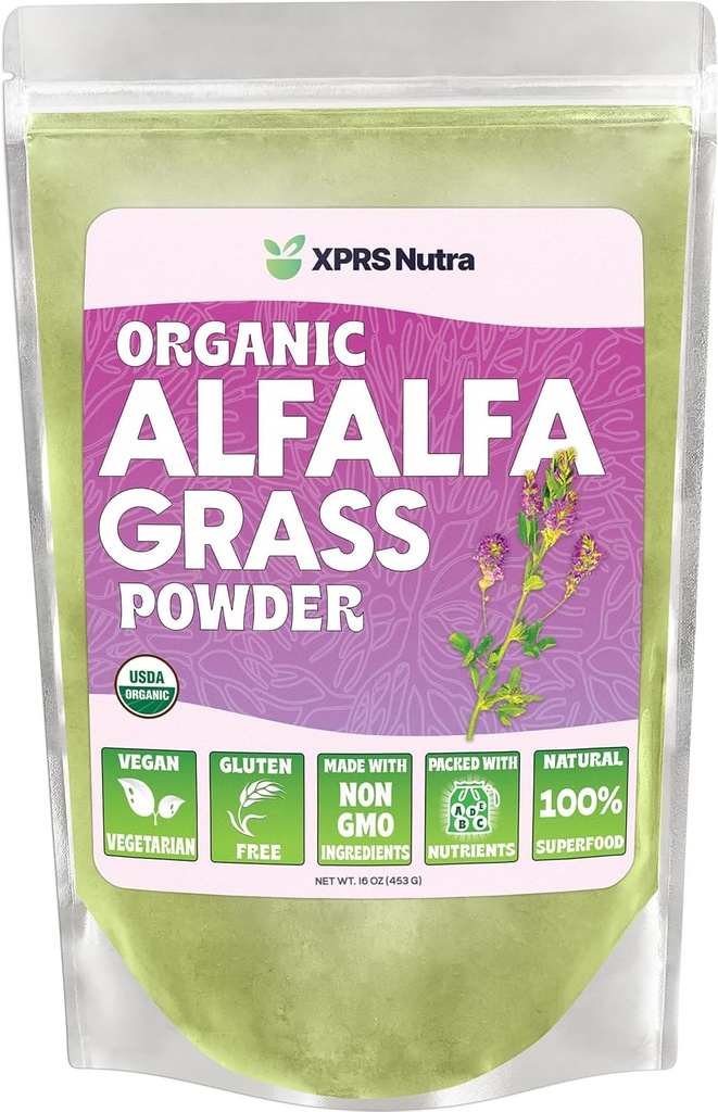 XPRS Nutra Organic Alfalfa Proszek - Premium Vegan suplement bogaty w wapń, Przeciwutleniacze, Witaminy - Suplement rolniczy dla dzieci i dorosłych - Vegan Friendly Alfalfa Leaf (16 unce)