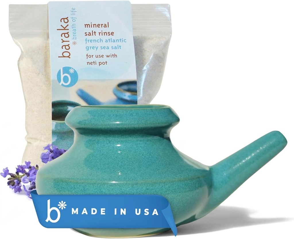 Zestaw narzędzi Baraka Neti Pot - Chrapanie i Saline Solution, Ręcznie wykonane ceramiczne zmywarka sejf z 2oz Sól mineralna do czyszczenia nosa i Sinus Rinse Idealny dla ulgi alergii u dorosłych i dzieci (Jade)