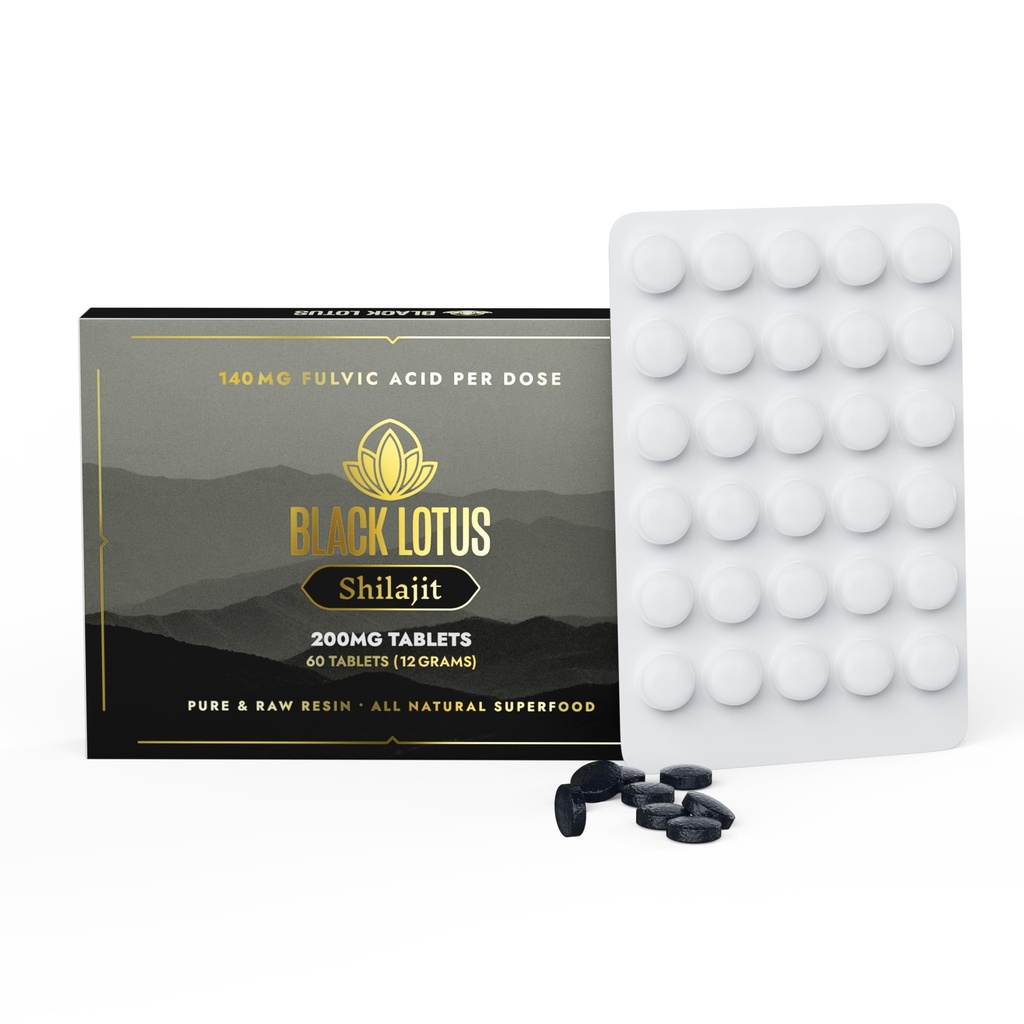 Black Lotus Shilajit Resin Tablets, 60 Count, 200mg Each, 100% Pure Natural Shilajit for Men & Women with Amino Acids, 140mg Fulvic Acid, 85 Jonic Trace Minerals, for Immune Support, Focus, Energy