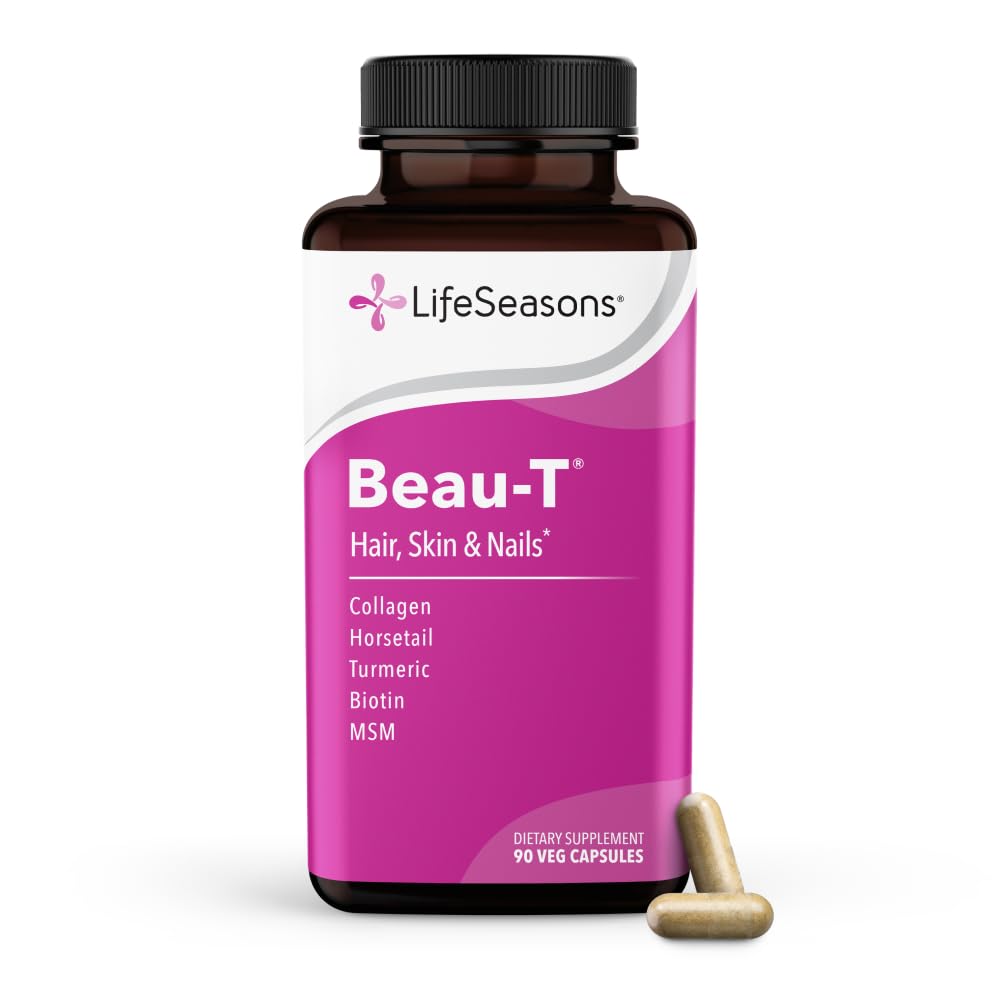LifeSeasons Beau- T - Hair, Nail & Skincare Supplement - Promotes Healthy Hair and Nail Growth - Support Clear Skin & Fights Trądzik - Wzmocnienie paznokci - Zawiera Biotin Collagen Turmeric - 90 Kapsułki
