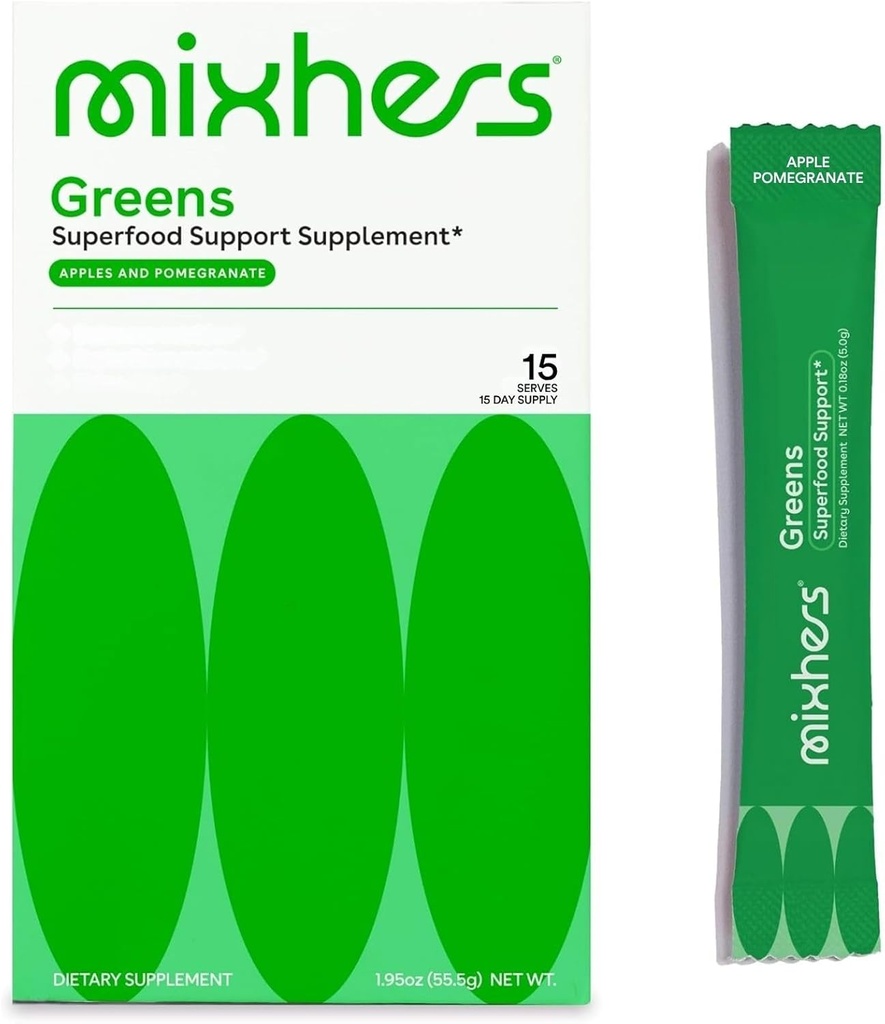 MIXHERS Hergreens - Zielone i Weggie Proszek - Wykonane z całych żywności - z Digestive Enzymes & Kale - Nutrition Designed for Women - Wsparcie Serca i Wątroby - 15 Drink Pakiety - Jabłka i Granat