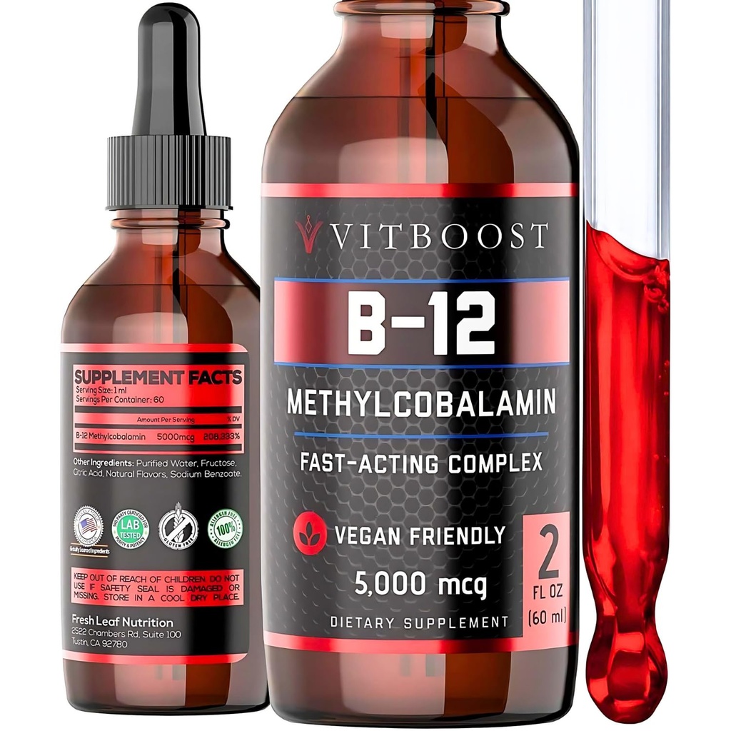 Vegan Liquid B- 12 Drops - 60 x 5000 µg Dodatkowa siła Malina Smakowana Witamina B12 Płynna Methylcobalamina sublingual Supplement Agregat 124; Zaprojektowany do maksymalizacji wchłaniania i energii 124; Gluten Free