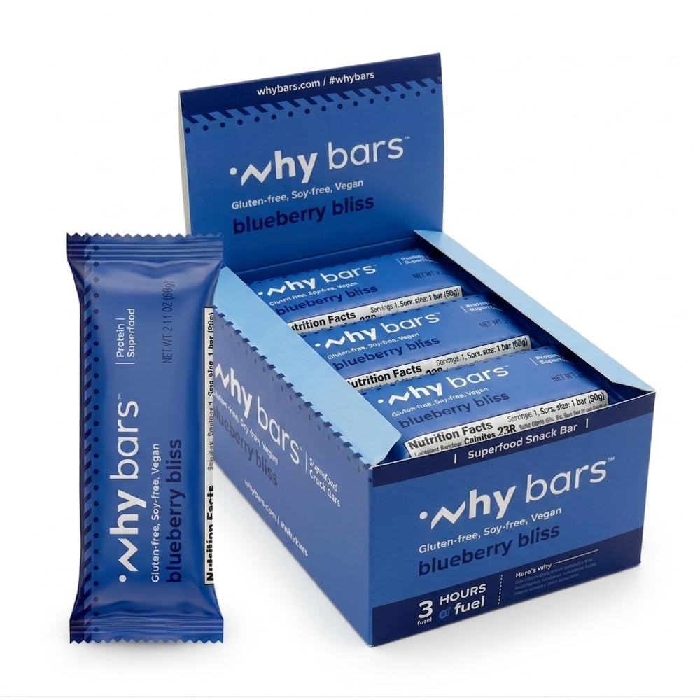 Dlaczego Bary, Bary protein, Blueberry Bliss, 2.04 Bary Ounce (Opakowanie z 12 Barów protein) - Superfood bar protein, Gluten Free, Nie GMO, Organic, Wegan, Proste Składniki