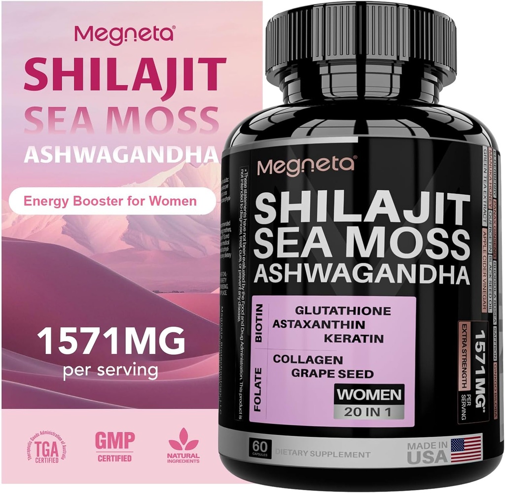All- in- One Sea Moss, Shilajit, Ashwagandha & Glutathione Suplement dla kobiet, zwiększa energię, 60 Kapsułki