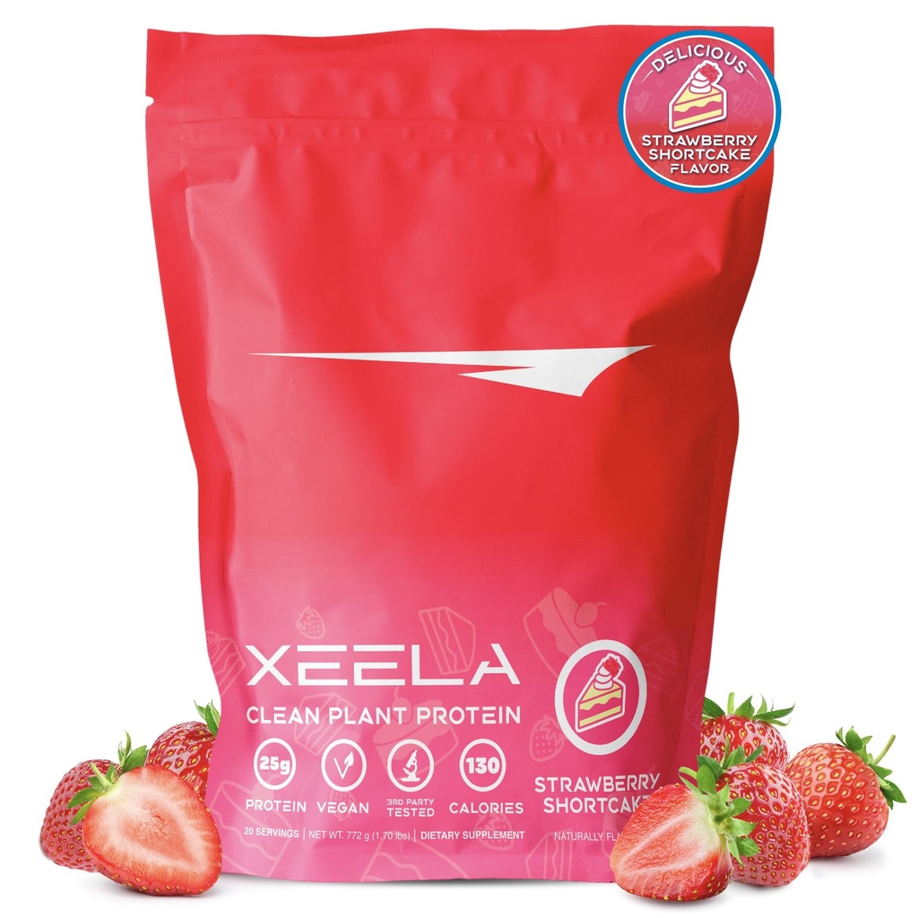 XEELA Plant Based Vegan Protein Powder - Independently Tested - 25g High Protein, Pea Protein for Men & Women - Vitamin & Minerals, Non GMO, Dairy & Gluten Free, LowCarb & LowFat (Ciasto truskawkowe)