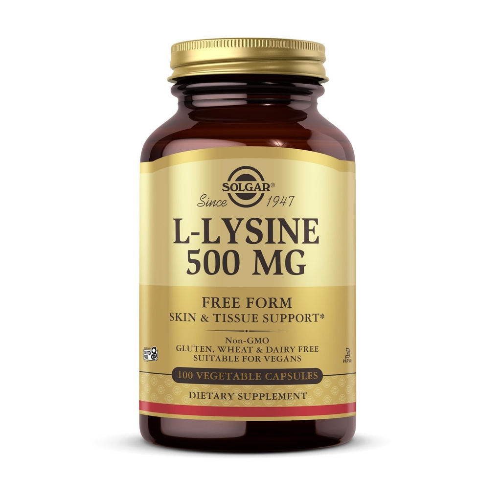 Solgar L- Lysine 500 mg - 100 Kapsułki warzyw - Wsparcie skóry i tkanki - Non-GMO, Wegan, Kosher, Gluten Free - 100 Słupki