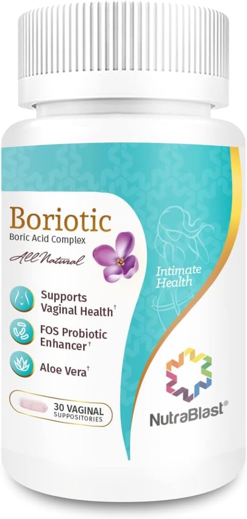 NutraBlast Kwas borowy Kompleks pochwy w / Aloe Vera & FOS Prebiotyczny wzmacniacz 124; Wszystkie naturalne Boriotyczne 124; Made in USA (30 Count)