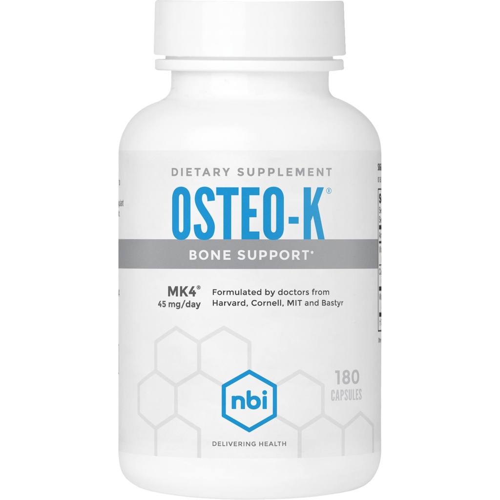 NBI Osteo- K Support Bone 124; Witamina D & K z dodatkiem wapnia do cytrynianu suplement 124; 45 mg Witamina K2 (MK4) dla silnego zdrowia i funkcji kości 124; 180ct Kapsułki wegetariańskie