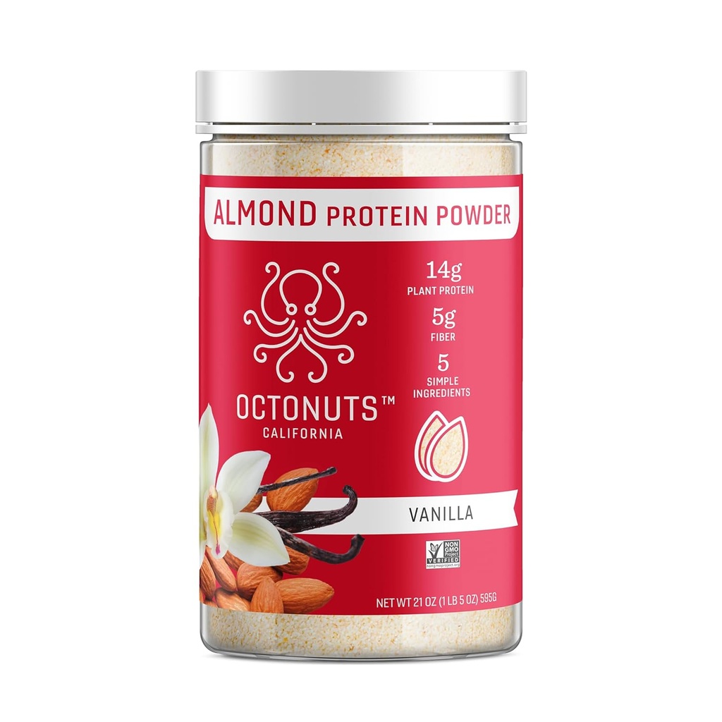 Octonuts Vanilla Almond Protein Powder 21oz - roślinny białko wegańskie - Czysty mieszanka niskowęglowa z 14g białka, 5g Fiber - Keto, Paleo, Gluten Free, Non-Dairy - Idealny do shakes, Smoothies, lub pieczenia