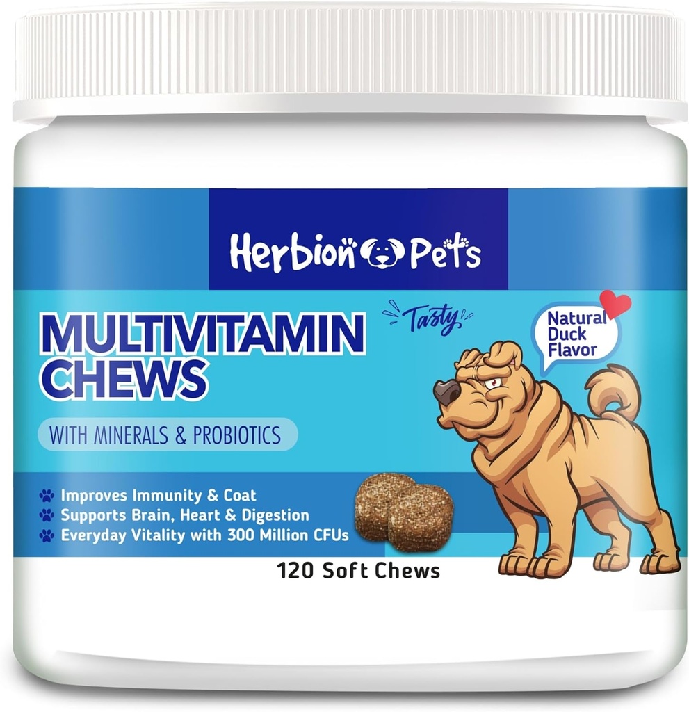Herbion Zwierzęta domowe Multivitamin Przeżuwa z minerałów i probiotyków, Poprawia odporność & Coat, Pomaga trawienie, Mózg i Heart Zdrowie, Pyszny naturalny aromat kaczki, Suplementy dla psów i witaminy, Opakowanie z 1