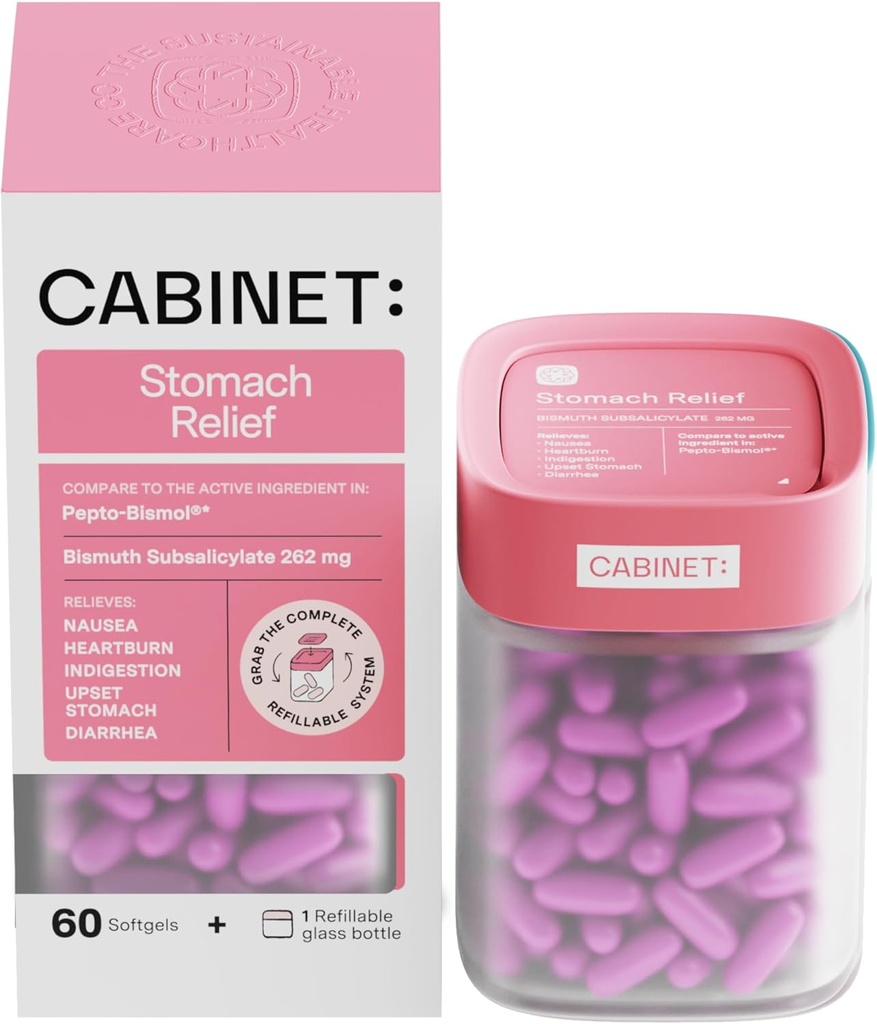 Gabinet: Relief żołądkowy subsalicylan bizmutu 262mg, 60 Hrabia 124; Relief przeciwgorączkowy do rozdrażnionych żołądków i niestrawności (Starter Kit)