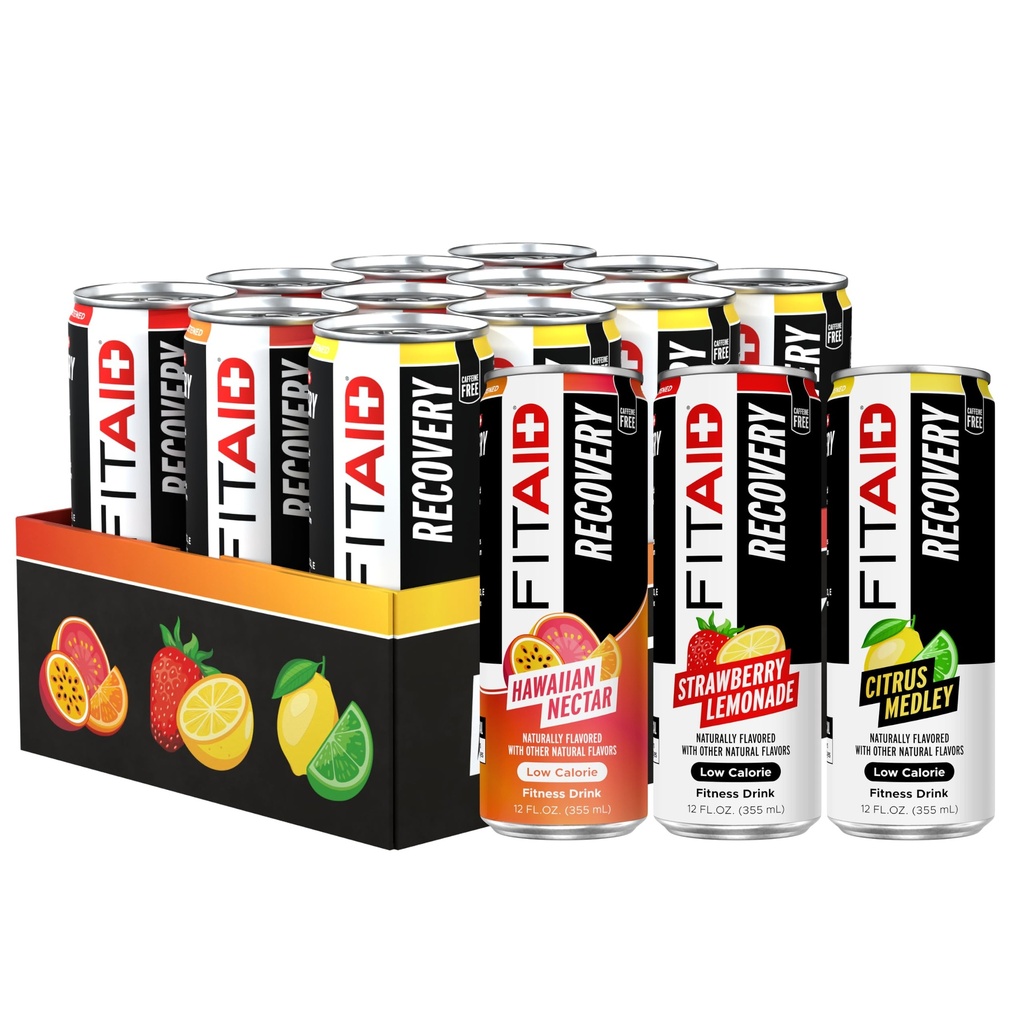 Mieszanka do odzyskiwania FITAID, Pakiet odmian, BCAA, Glukozamina, Electrolytes, Omega- 3, Zielona herbata, 100% Czysty, Paleo, Wegan & Gluten- Free, Naturalnie Sweetened & Flavored, 12- oz. puszki (Opakowanie 12)