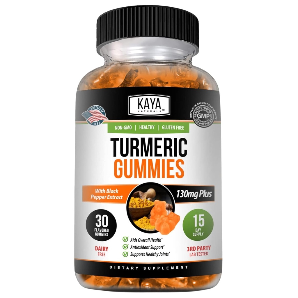 Kaya Naturals Turmeric Supplements Gummies - Czysta natura Kurkumina -Turmerowe Gummies Gummy - 30 Count Gummy - Turmeric with Black Pepper Extract