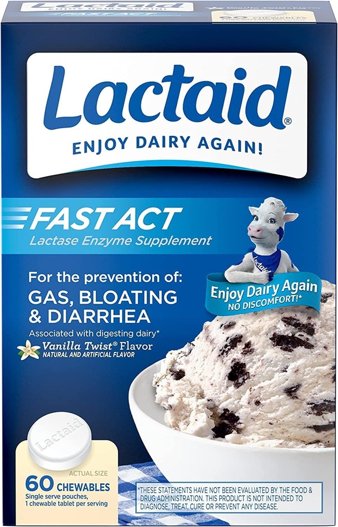 Lactaid Fast Act Laktoza Nietolerancja Relief Chewables with Lactase Enzyme to Prevent Gas, Bloating & Biegunka Ze względu na LactoseSensitivity, Idealny do podróży i On- the- Go, Vanilla Twist, 60 opakowań po 1-ct. (5pk)