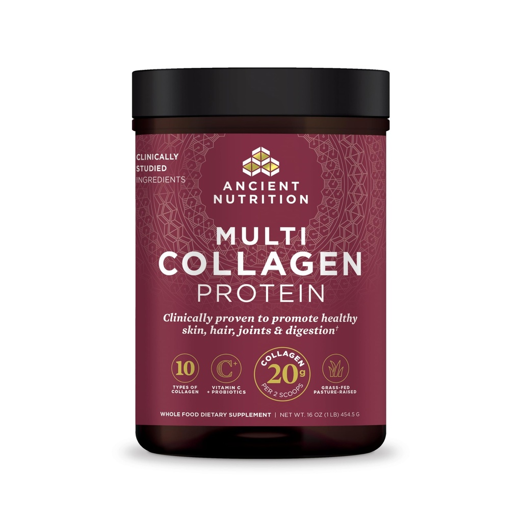 Ancient Nutrition Collagen Powder Protein z probiotykami, Unflavored Multi Collagen Protein z witaminą C, 45 Służenia, Zhydrolizowane Kolagen Peptydy wspomaga skórę i paznokcie, Gut Health, 16oz