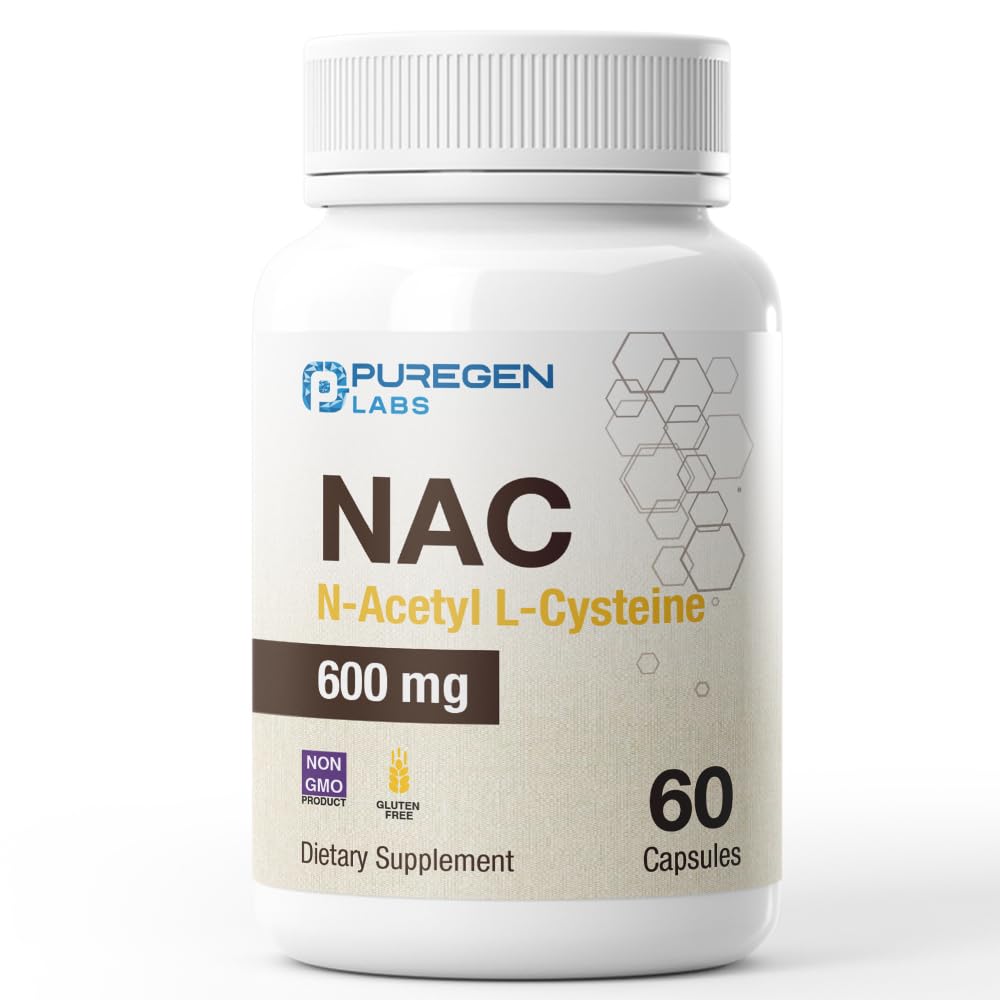 Puregen Labs N- Acetyl- L- Cysteina (NAC) 600mg, Suplement przeciwutleniający, NAC 600 mg, Łatwy do Absorbu - 60 Kapsułki wegetariańskie