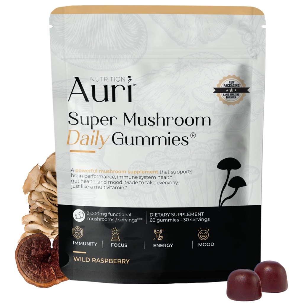 Auri Super Mushroom Daily Gummies - All- in- One Daily Mushroom Supplement Gummy - 12 Mushroom Blend with Chaga, Lions Mane, Reishi, Cordyceps - 60 Gummies