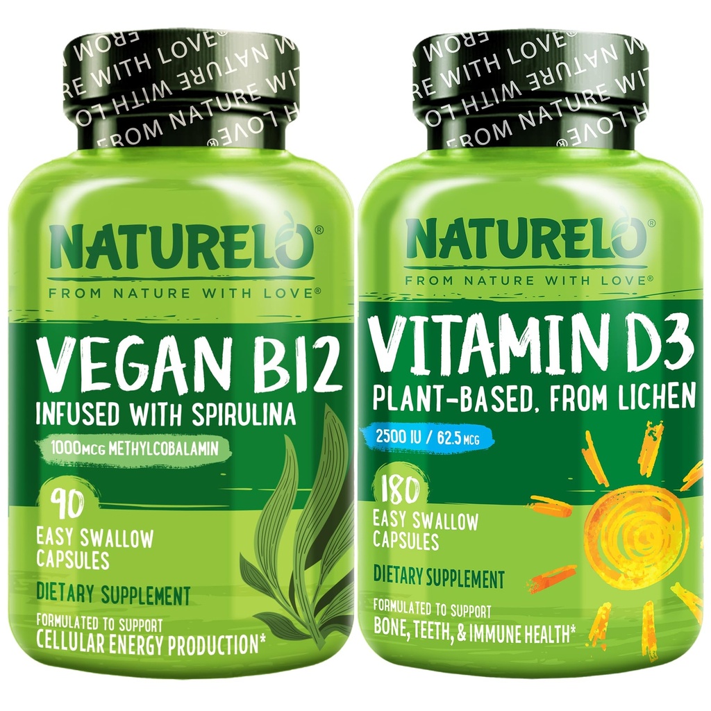 Witamina D NATURELO - roślina z Lichen - 180 Mini kapsułek, Wegan B12, 1000 µg Methylcobalaminy - 90 kapsułek