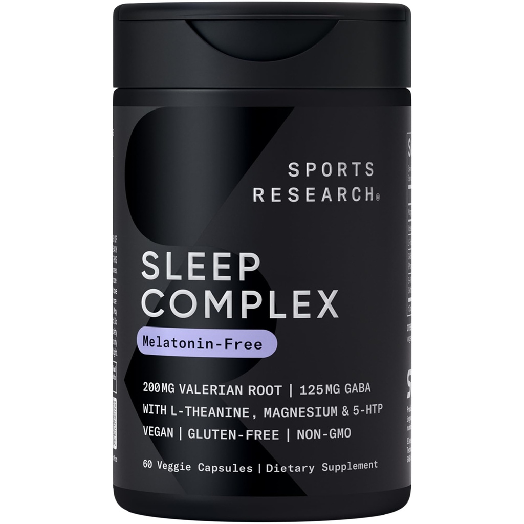Sports Research ® Sleep Complex - Kapsułki wegańskie wolne od melatoniny - z Valerian Root, GABA, L- Theanine, Magnezu i 5- HTP - 30 Służenia