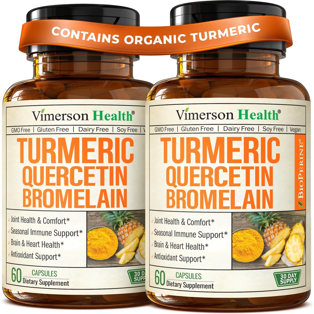 Quercetin with Bromelain Turmeric Curcumin Supplement - Ulga alergiczna, Joint & Immune Support - Organic Turmeric Supplement with Black Pepper (Bioperine) - Quercetin 500 mg kapsułki 2 opakowania