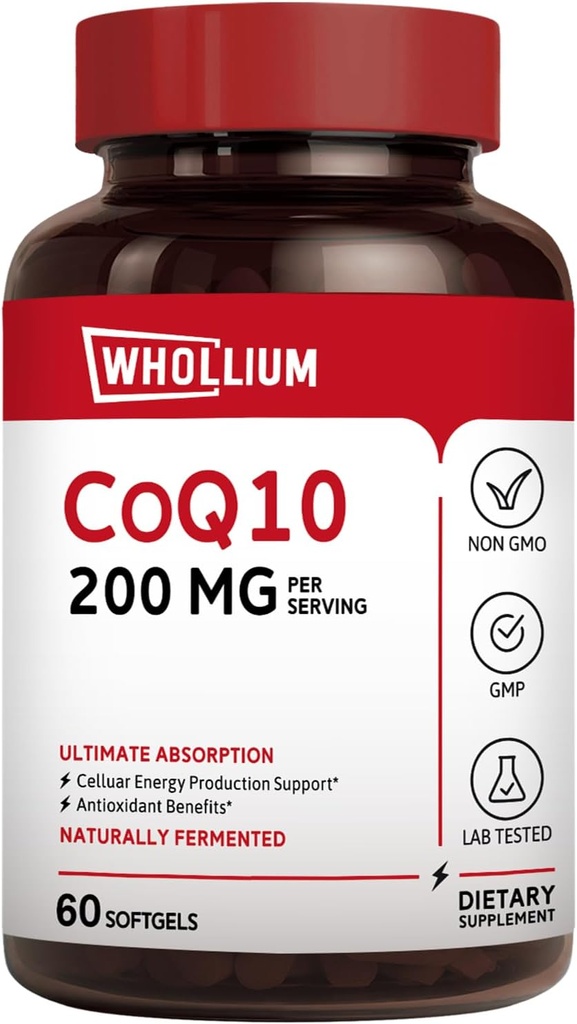 CoQ10 200mg Per Serving, Extra Virgin Olive Oil, Ultra Absorpcja, naturalnie fermentowane, Koenzym suplement Q10, Produkcja energii, Zdrowe serce, Anti-Aging, 60 Softgels