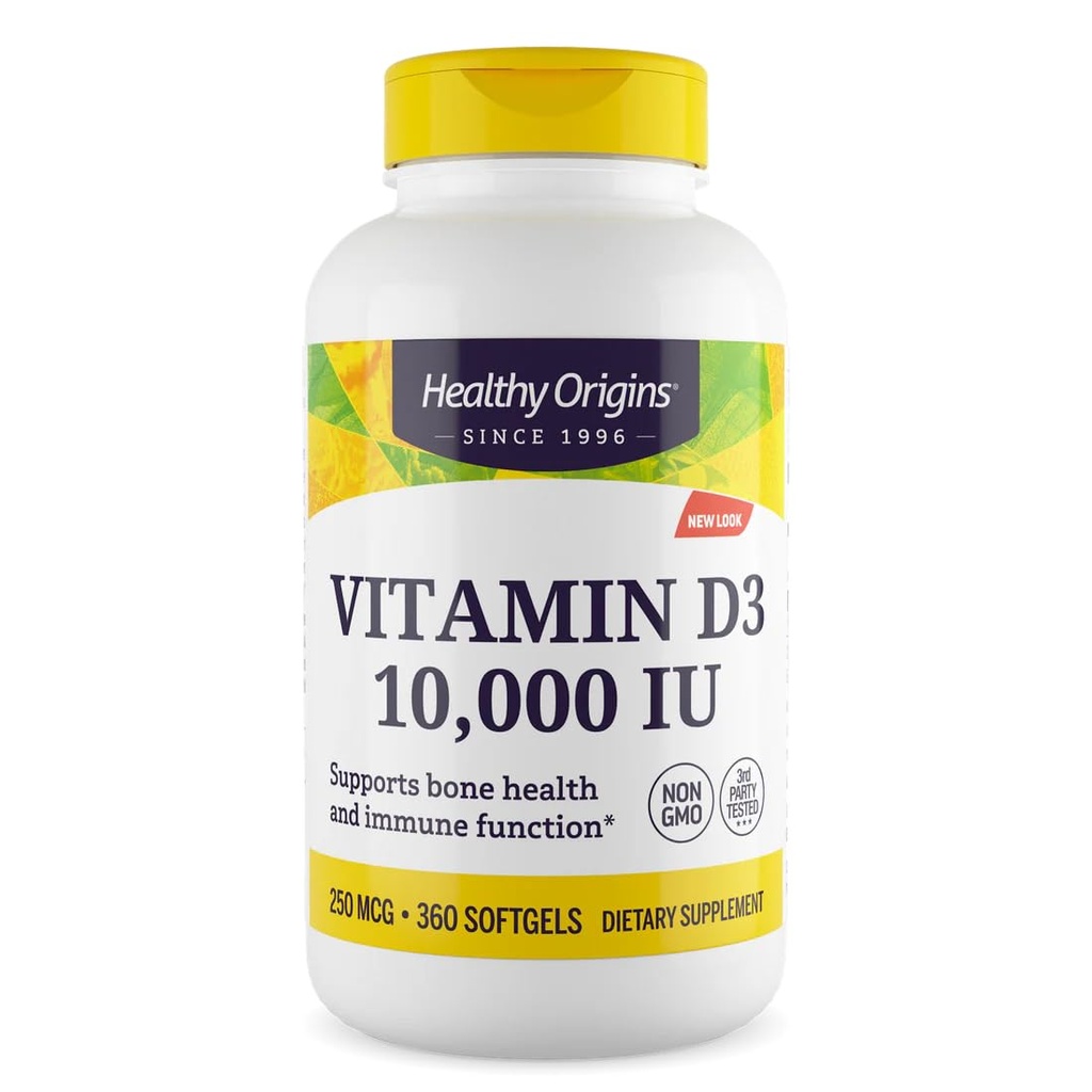 Zdrowe Początki Witamina D3 10 000 IU (Non-GMO, Wysoka potencja, Wsparcie kości, Wsparcie immunologiczne, Gluten Free), 360 Softgels