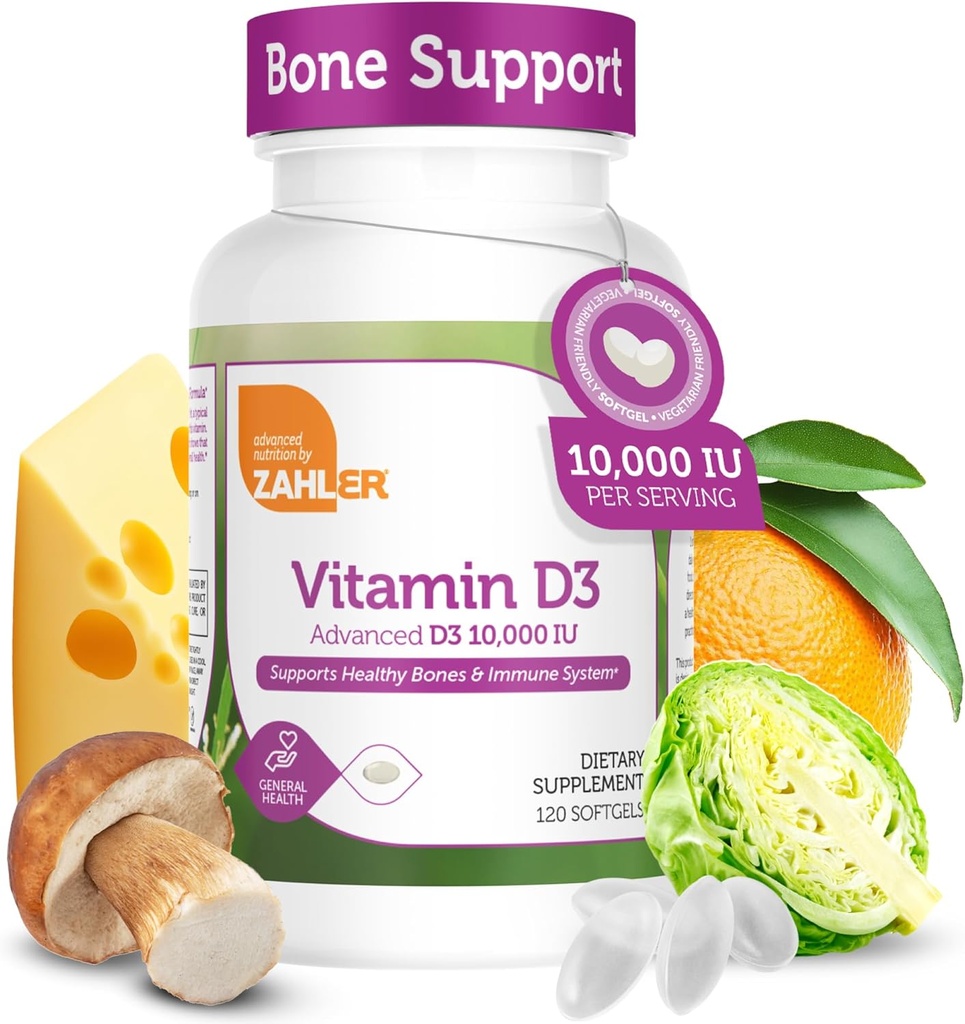 Zahler - Zaawansowana Witamina D3 10 000 IU Softgels (120 Count) Koszerny Wegetariański Przyjazny Witamina D dla immunologicznego wsparcia, Kości, Zęby i Mięśnie Zdrowie - Daily D3 Suplement witaminy dla dorosłych - Easy Swallow