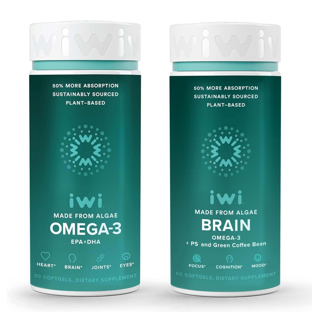 Iwi Omega-3 & Mózg Omega-3 Bundle, 30 Służenia, Plant Wegan Algae Omega 3 z EPA + DHA, Kryll & Fish Oil Alternative, No Fishy Aftersmast