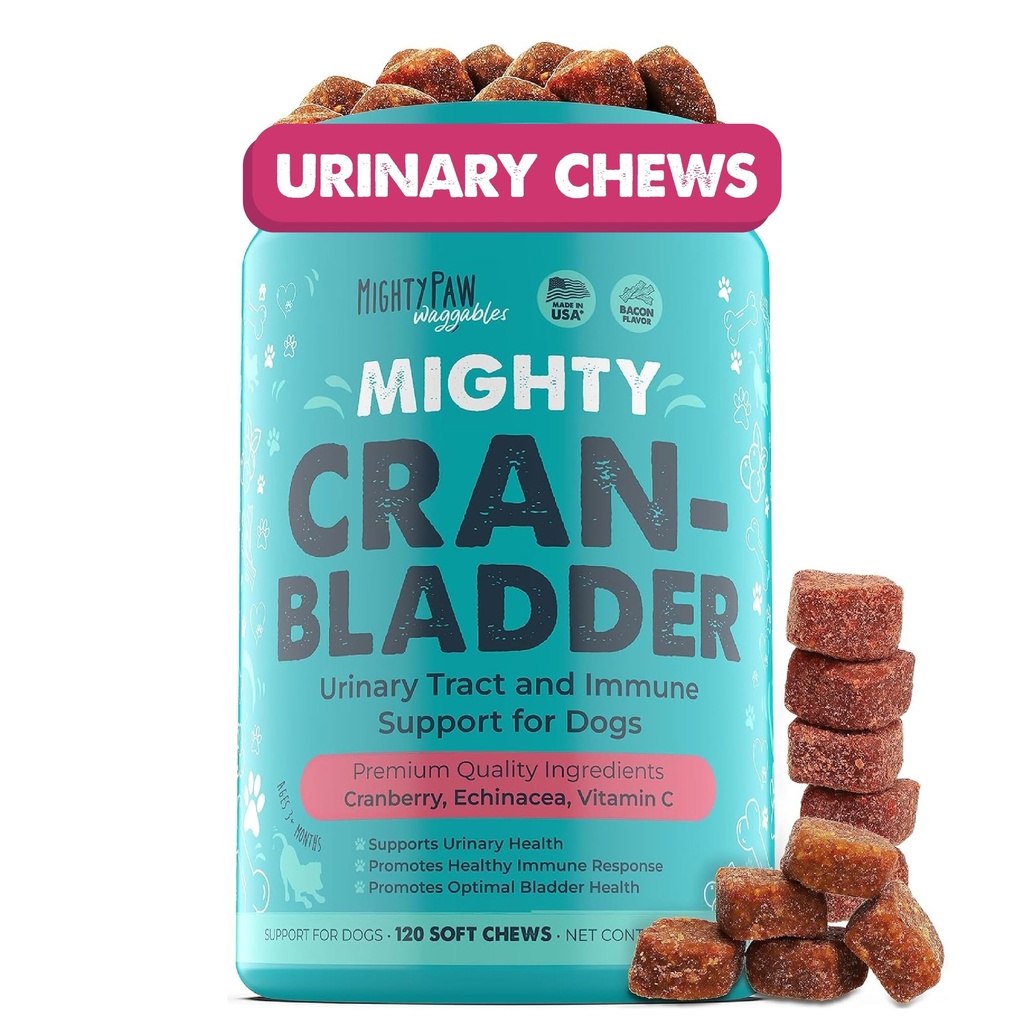 Mighty Paw Waggables Cran- Bladder (Made in The USA) 124; Vet Spreparowany suplement żurawinowy dla psów - Żurawinowe żucia dla psów, Urynary Tract & Bladder Support, Bacon Flavored, 120 Soft Chews