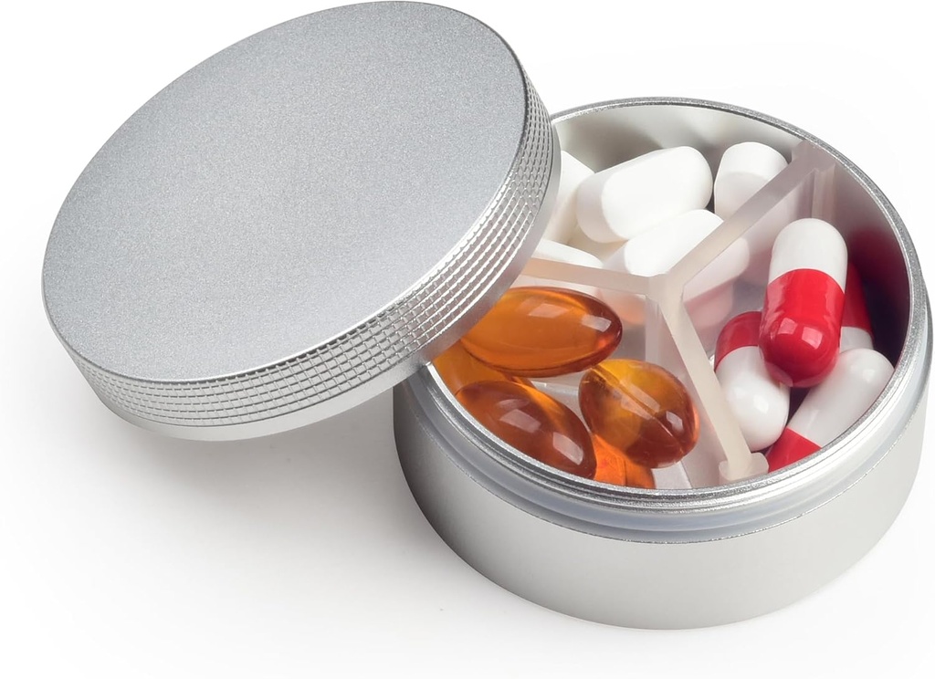 Małe pióro przypadku 3 Komory, metalowe okrągłe przenośne pióro pudełko, wodoodporny pióro, Pocket Purse Medicine Witamina Holder pojemnik EDC (srebro)