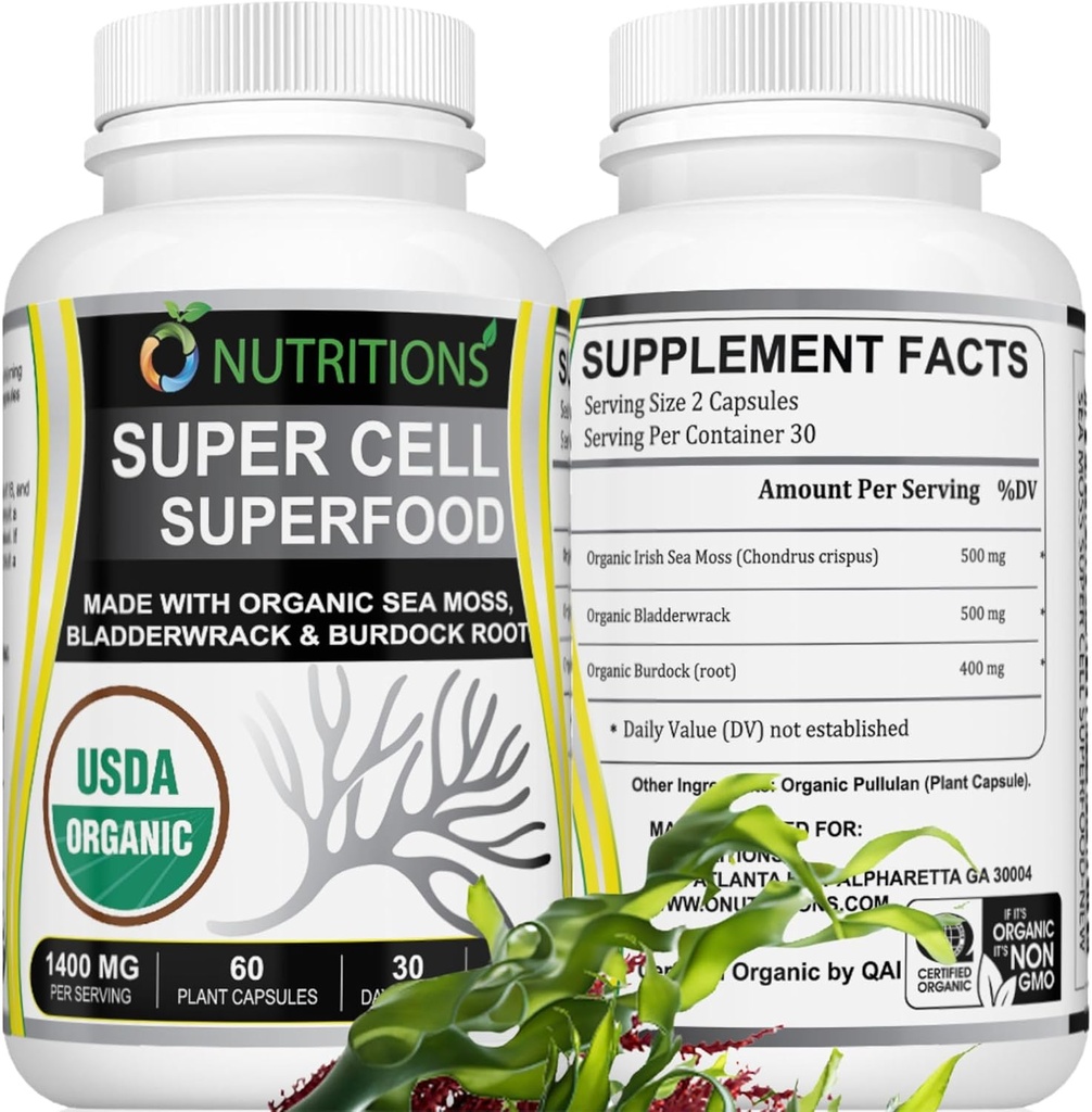 Sea Moss 60 Kapsułki USDA Certified Organic Irish Sea Moss Kapsułki z Bladderwrack & Burdock Root - Suplement wsparcia immunologicznego dla mężczyzn i kobiet - Kobiety Witaminy i Mens Witaminy (1 Pack)