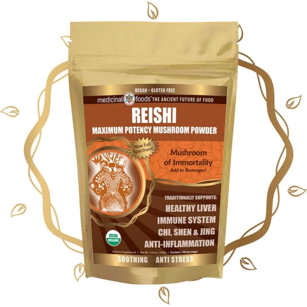 Medicinal Foods Reishi Grzyb w proszku - Najwyższa potencja, Full- Spectrum, Soothing, Stress, Dla Smoothies & Tea, Organic, Wegan, Non-GMO, Gluten- Free (100 porcji)