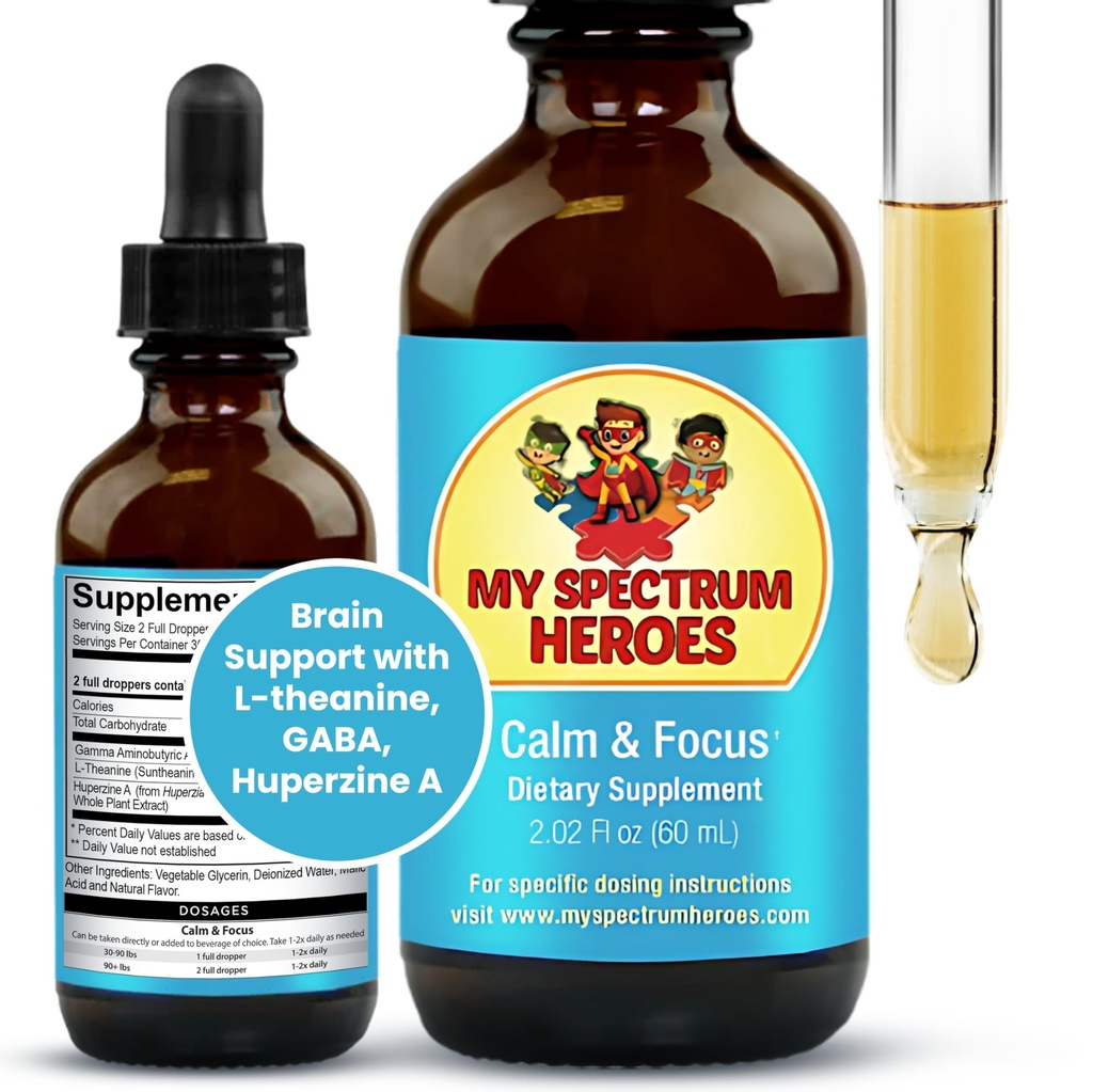 My Spectrum Heroes Calm & Focus Supplement Drops - Brain Support with L- theanine, GABA, Huperzine A - Enhance Focus for Kids or Adult - Boost Concentration for Kids & Teens - 2.02 FL oz. (60 ml)