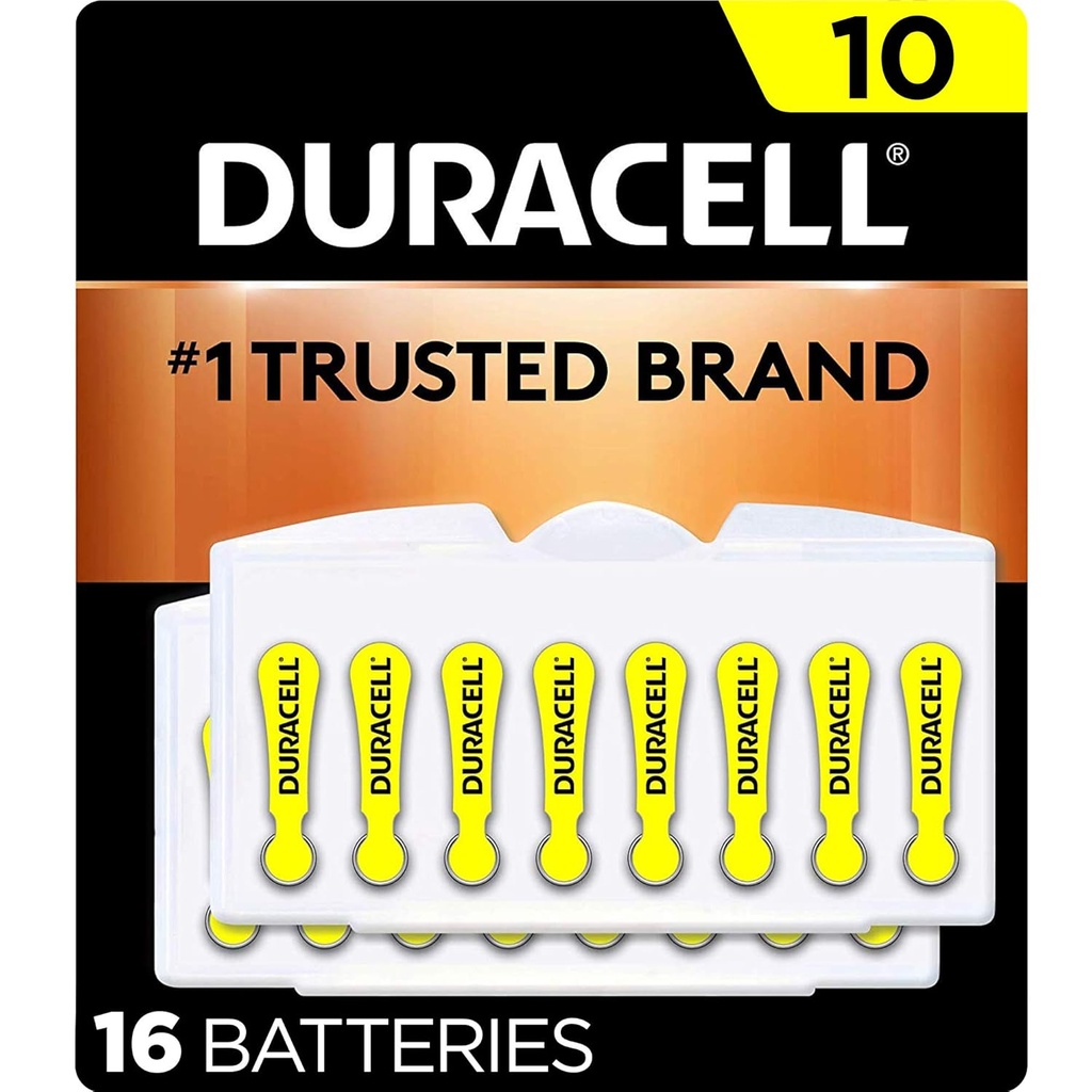Duracell Assistance Battery Yellow Size 10, 16 Count Pack, 10A Size Assistance Assistance Battery z długowieczną mocą, Extra- Long EasyTab Install dla aparatów słuchowych