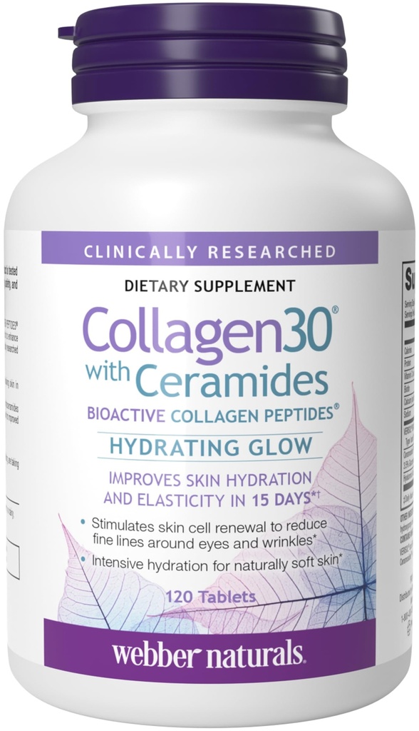 Webber Naturals Collagen30 z Ceramidami, Bioactive Collagen Peptydes, 120 Tablets, Hydrating Glow, Pomaga poprawić nawilżenie skóry, Elastyczność i gładkość, Nie GMO, Dairy & Gluten Free