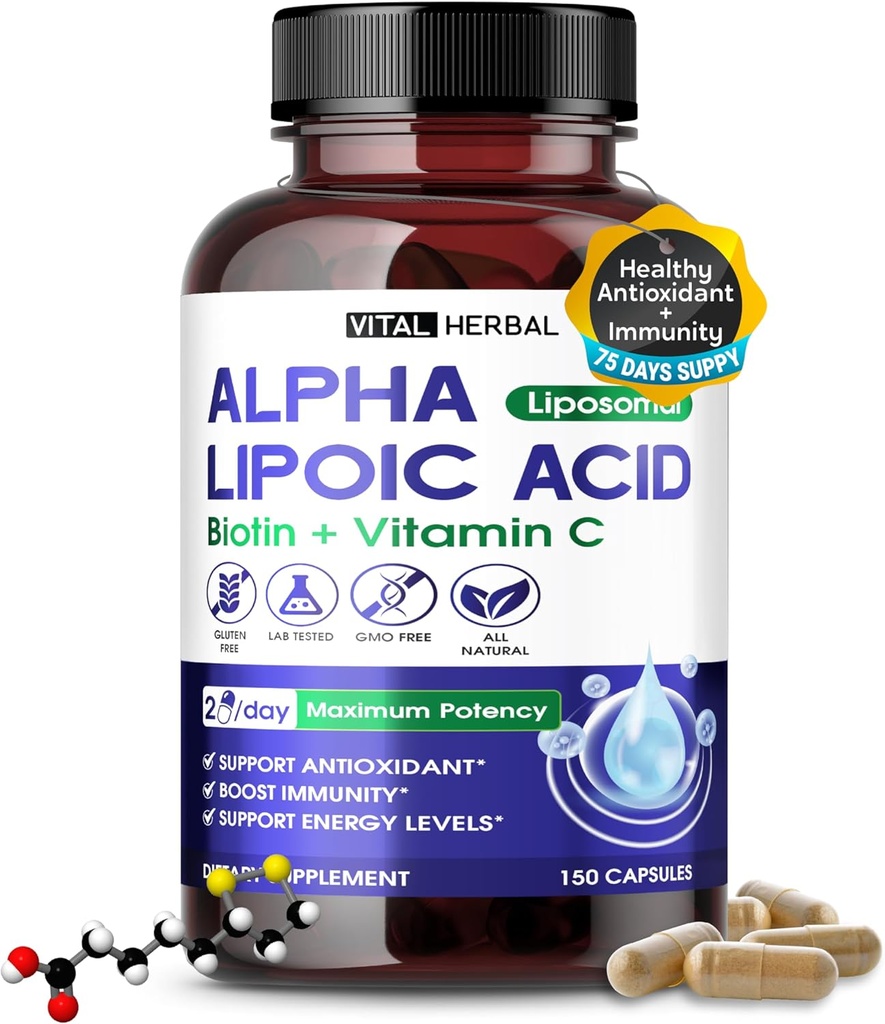 VITAL HERBAL Liposomal Alfa Kwas liponowy z biotyną, Witamina C - Maksymalna moc - Wspiera odporność, Poziomy energii- Made in USA