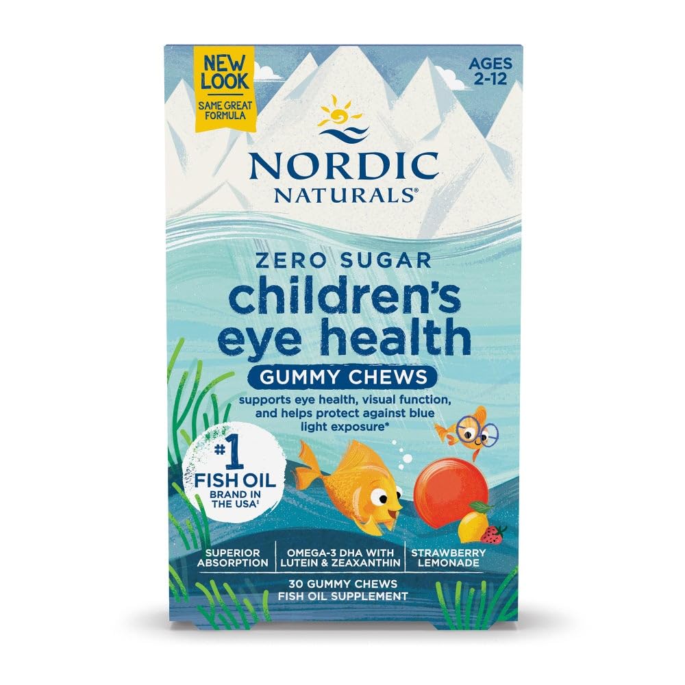 Nordic Naturals Children 's Eye Health Gummies, Lemoniada truskawkowa - 30 Gummies for Kids - 484 mg Total Omega- 3s DHA, Lutein & Zeaksantyna - Zdrowie mózgu, Wsparcie przeciwutleniające, Non-GMO - 30 Służenie