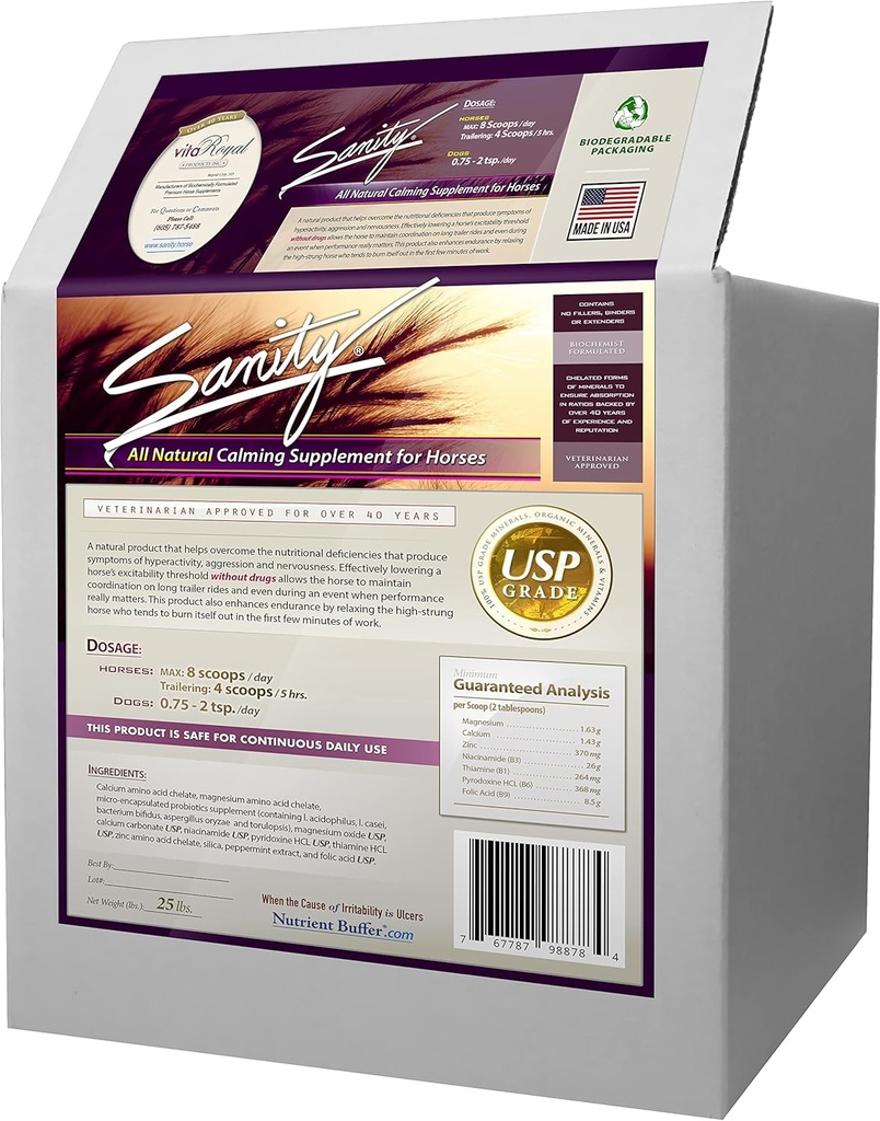 Sanity - Equine Behavioral Calming Focus Supplement for Horses - Magnez, Wapń, Cynk, Witaminy B, Aminokwasy, Probiotyki, Tiamina, Kwas foliowy, Niacyna, Peppermint & Więcej