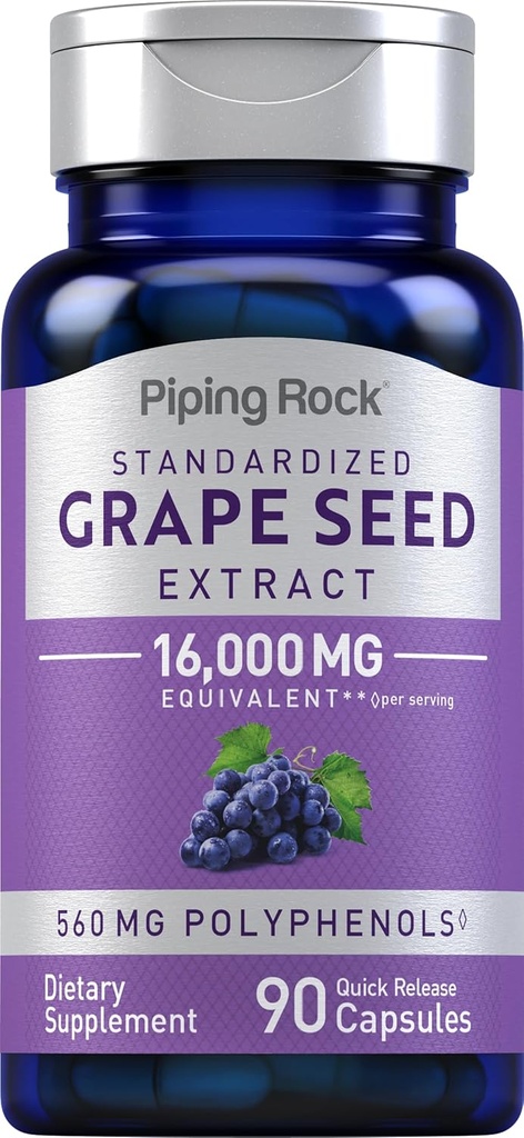 Piping Rock Grape Extract Kapsułki 124; 16 000 mg 124; 90 tabletek 124; Vitis Vinifera Supplement Supplement 124; Non- GMO, Gluten Free