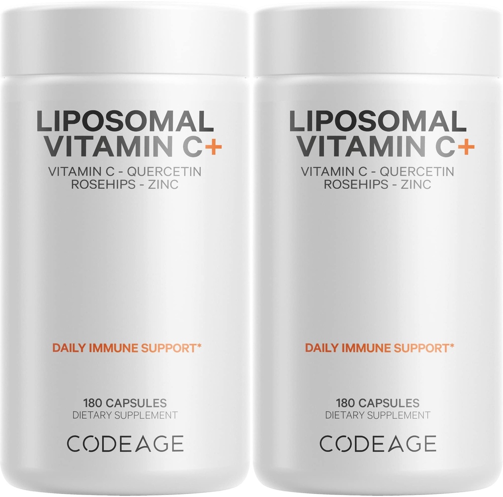 Codeage Witamina liposomalna C 1500mg z cynku, Elderberry, Citrus Bioflavonoids Grejpfrut, cytryna, proszek pomarańczowy, Quercetin & Rose HIPS Fruit - suplement wegański - Non-GMO, Vegan Pills - 2 opakowania