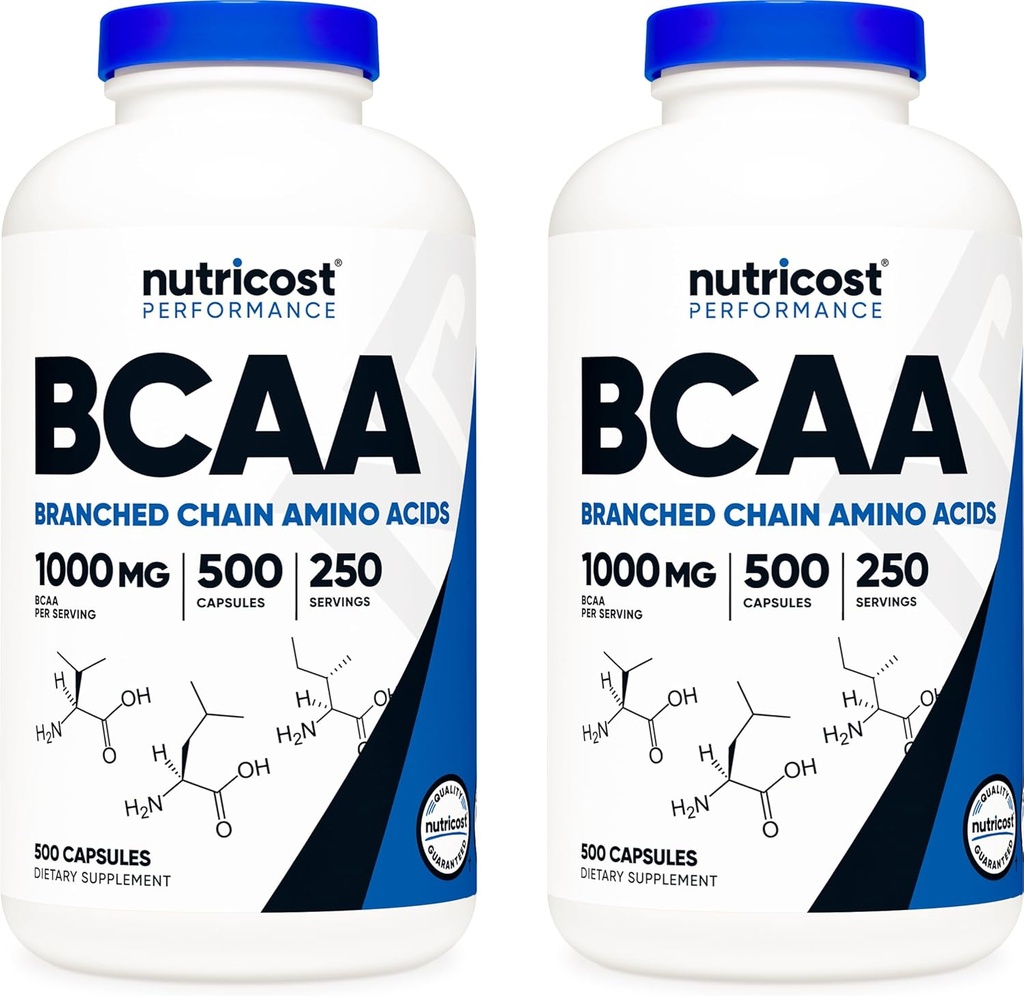 Nutricost BCAA 1000mg, 500 kapsułki (250 Serv), 2: 1: 1 Acidy rozgałęzione (500 mg L- Leucyny, 250 mg L- Isoleucyny i L- Valiny) (2 butelki)