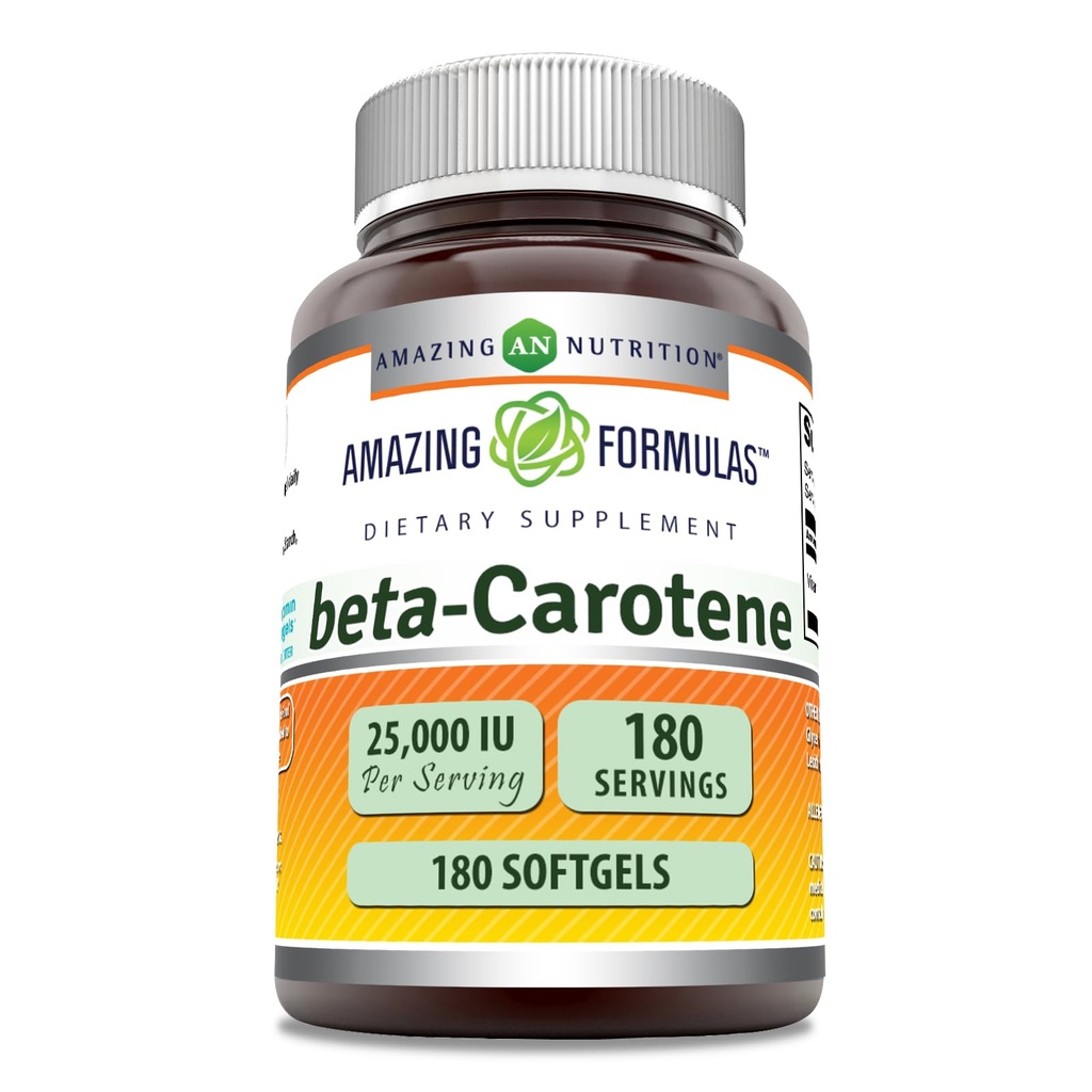 Amazing Supplement Beta- Carotene 124; 25000 IU per Serving 124; 180 Softgels 124; Non - GMO 124; Gluten- Free Supplement 124; Made in USA