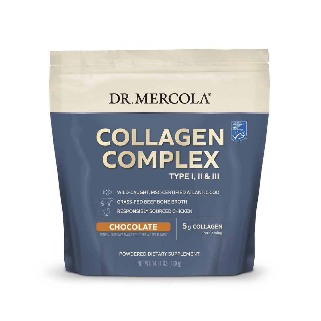 Dr Mercola Collagen Complex Powder - Wspiera elastyczność skóry i wspólne funkcje - Kolagen wieloźródłowy typu I II III - 10.89 oz (30 Sług) - Czekolada