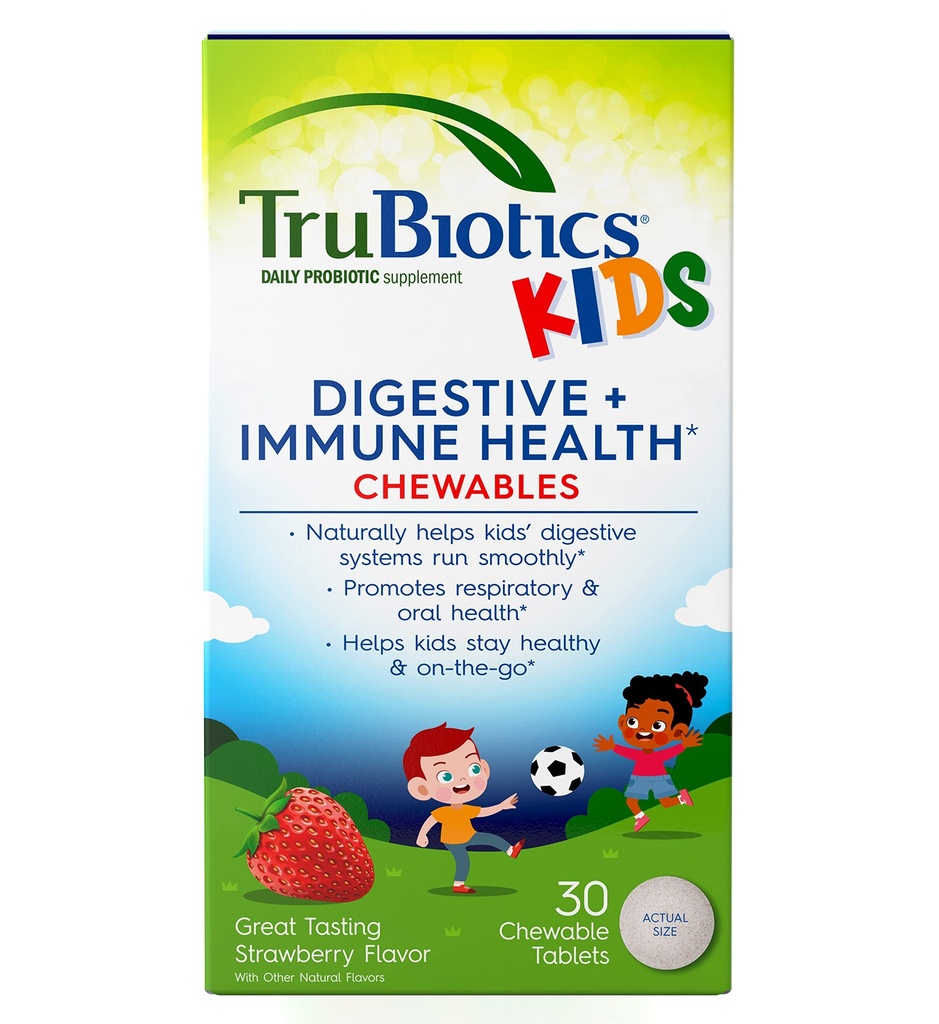 Probiotyki TruBiotics dla dzieci Digestive & Immune Health Support, Sugar-Free Chewable Kids Probiotic pomóc utrzymać zdrowe tummy, Natural Strawberry Flavor, 30 Tabletki