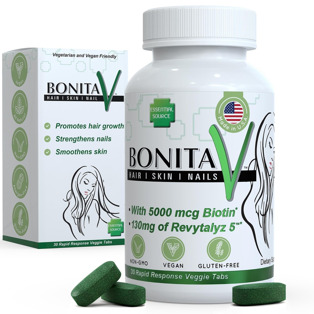 Essential Source Biotin (Biotina Vitaminas) - Hair Skin Nails Vitamins for Women & Men - 5000 mcg - Hair Growth Support Supplements - 30 Tablets - with Revytalyz 5, Vitamin A, C, B12 - Made in USA