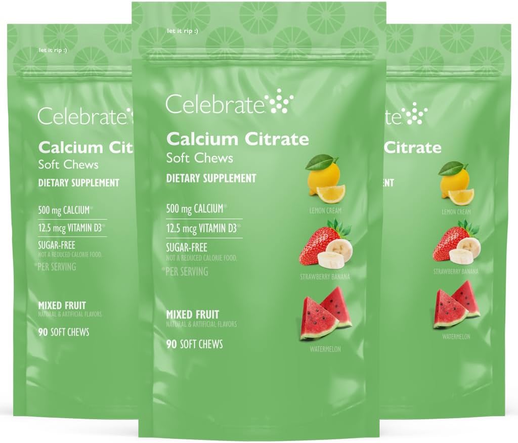 Świętuj Witaminy Bariatryczne 500 mg Wapnia Citrate Soft Chews z 500 IU Witamina D3 - Zasadnicze dla pacjentów Gastric Bypass & Bone Health - Cukier & Gluten Free, Owoce (270 Chews)