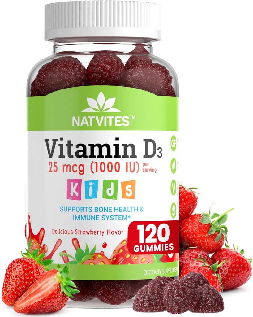 Witamina D3 Gumiaki dla dzieci - Witamina D 1000 IU Pectin Gummy - Truskawka Smakowana - Zdrowie kości i suplement wsparcia immunologicznego - Nie-GMO, Gluten Free, Wegan, Nut & Dairy Free - 120 Liczba (Opakowanie 1)