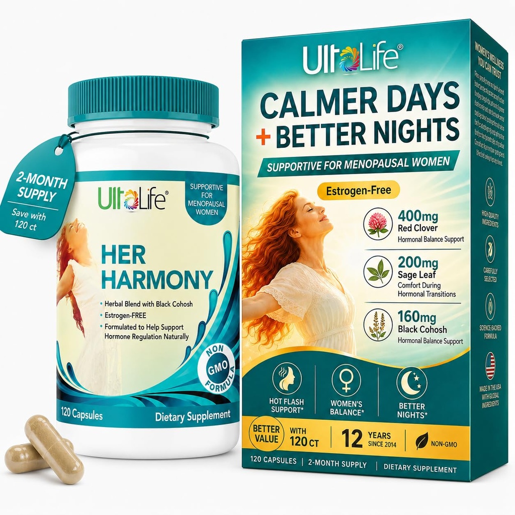 UltaLife Jej Harmony Menopauza Suplementy dla kobiet - Gorące błyski Menopauza Relief & Hormon Równowaga dla kobiet - Zawiera czarny Cohosh, Dong Quai, Red Clover & More - Estrogen Free - 120 Kapsułki