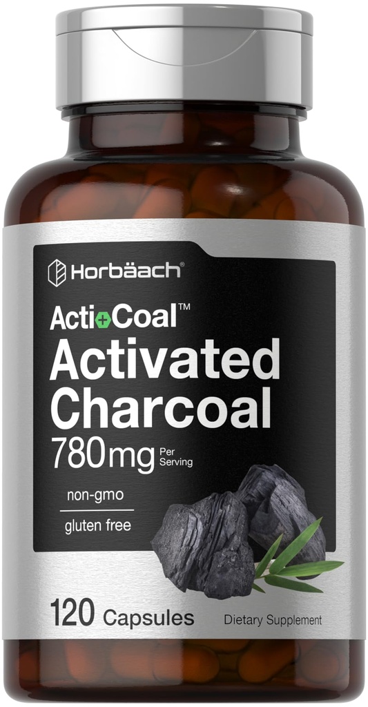 Horbäach Charcoal Pills 780mg XI124; 120 kapsułki XI124; Aktywowany Charcoal from Coconut Shells XI124; Non-GMO and gluten Free XI124; Acti- Coal