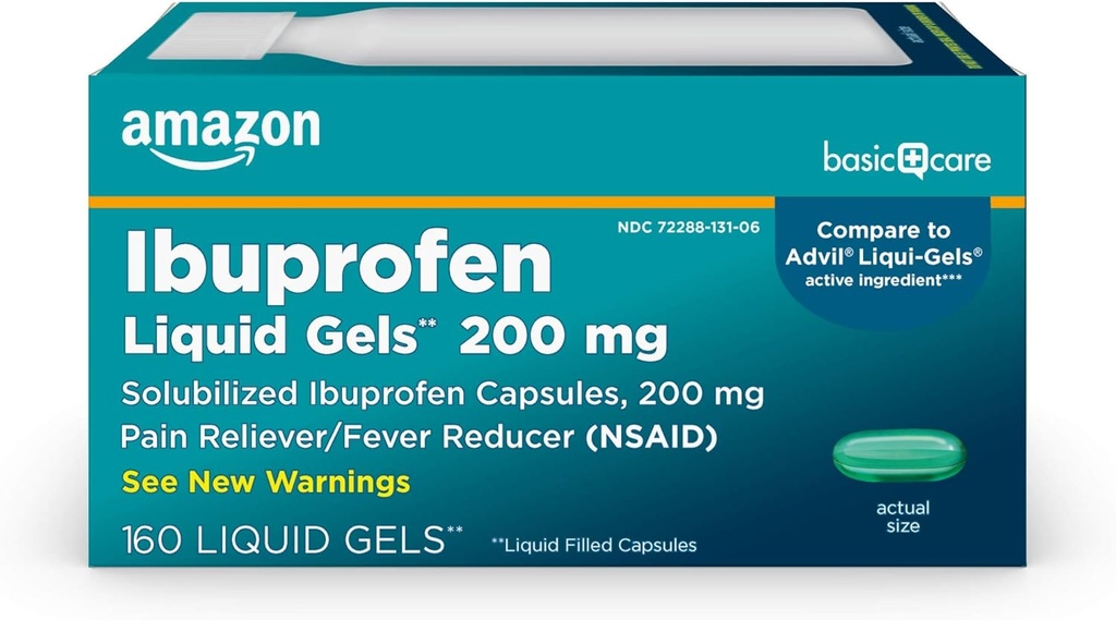 Ibuprofen Pielęgnacja podstawowa żele płynne 200 mg, Ból Reliever / Fever Reducer Kapsułki płynne, Na ból głowy, ból zęba, ból pleców, skurcze menstruacyjne i więcej, 160 Liczba